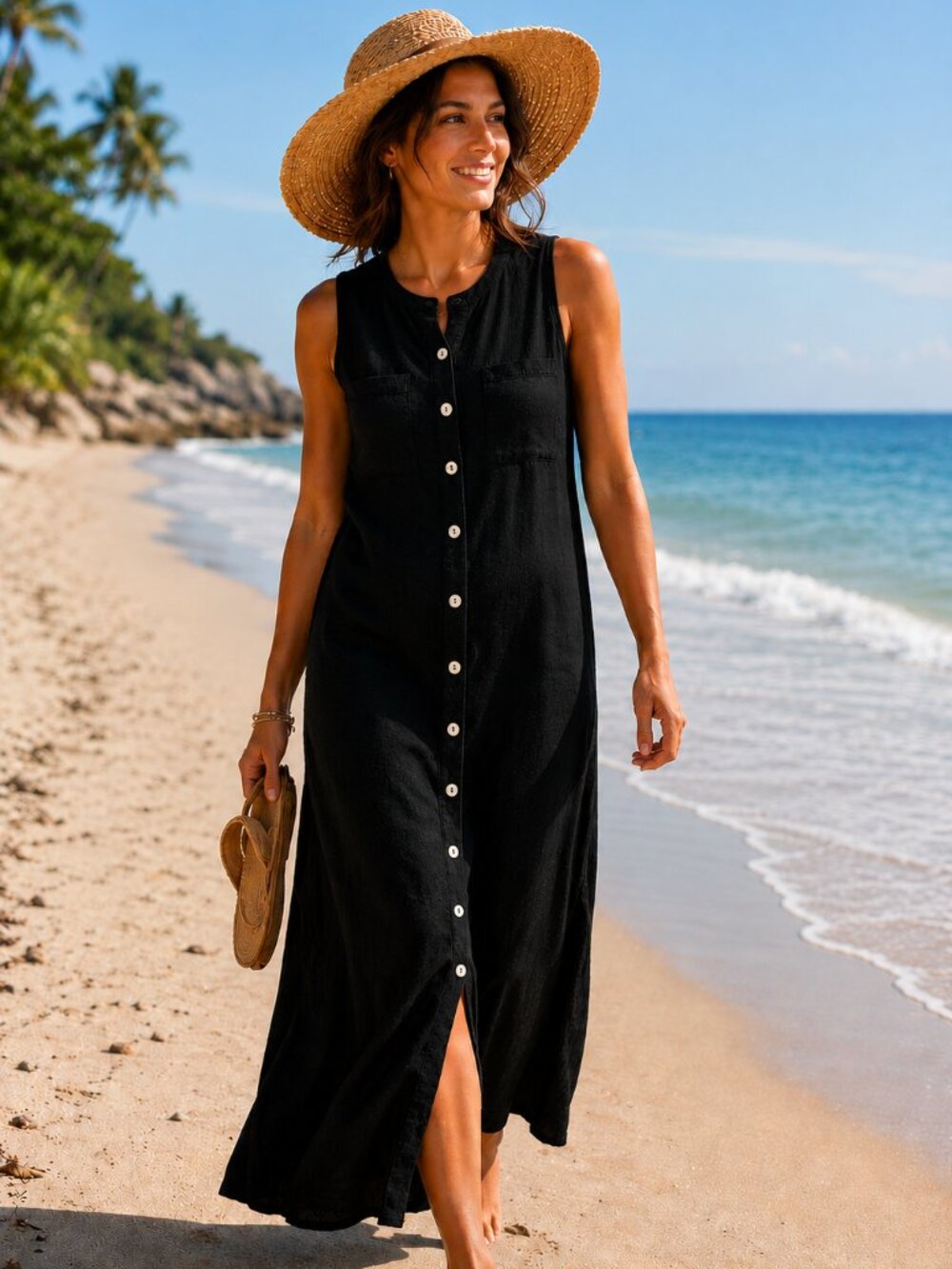 Amanda Smith Petites Black Linen Blend Button Front Maxi Dress Sleeveless Sz 8P